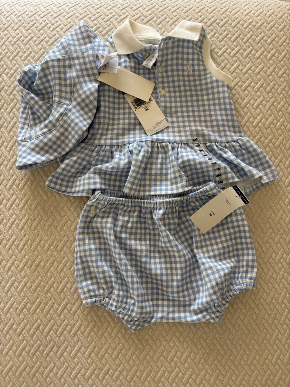 Ralph Lauren Light Blue Gingham 3-Piece Baby Set